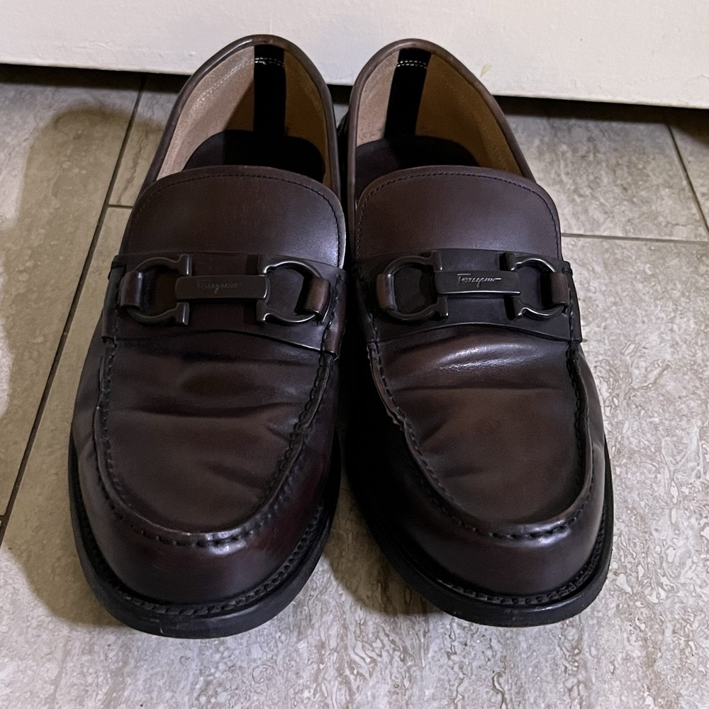 Salvatore Ferragamo Mens 7.5 D Brown Leather Monk Strap Gancini Loafers Italy